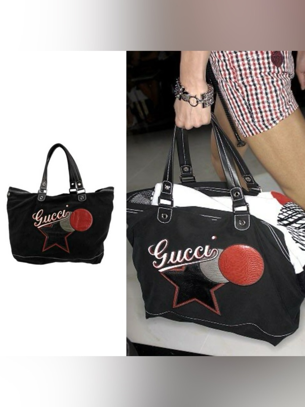 •••SOLD•••Authentic Gucci Runway Logo Canvas Leather Tote Bag Black Unisex